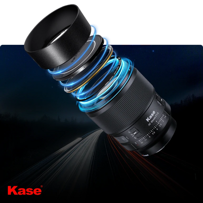 A close-up of a Kase lens, featuring sleek design with blue details, highlighting this Kase optical accessory.