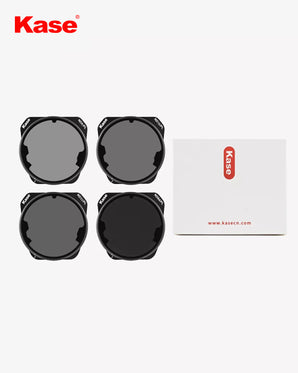 Four black camera lens filters and a Kase branded box on a white background