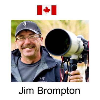 This image features Jim Brompton (wearing a black cap and Arc'teryx jacket) smiling while holding a large camera lens (mounted on a camera). A Canadian flag sits above, and his name is labeled below.