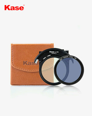 Kase camera lens filters with brown leather case on a white background