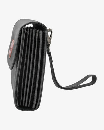 Black wallet with a strap on a white background