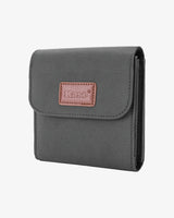 Gray wallet with a Kase brand label on a white background