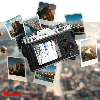 A camera (with Kase branding) surrounded by photos, showcasing Kase-related photography gear and works.