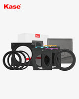 Kase camera filter set with various filters and cases on a white background