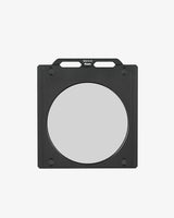 Black square filter with a circular clear center on a white background