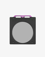 Circular filter with a purple handle on a white background