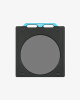 Black circular filter with blue handle on a white background