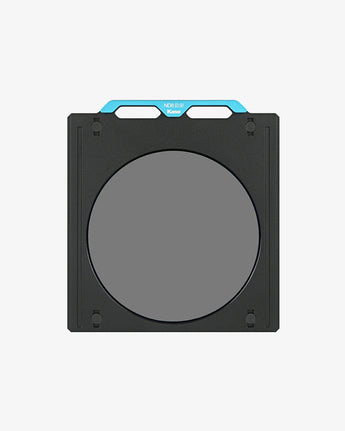 Black circular filter with blue handle on a white background