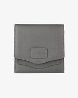 Gray wallet with a brand logo on a white background