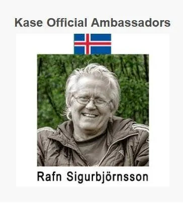 This image features Rafn Sigurbjörnsson (labeled "Kase Official Ambassadors") in a jacket, smiling against a green backdrop. An Icelandic flag sits above, and his name is below.