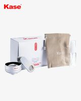 Kase lens cleaning kit with lens cleaner, lens cap, and pouch on a white background