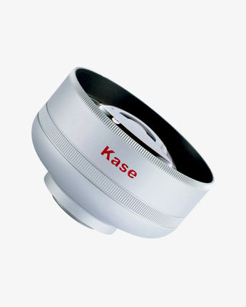 White camera lens hood with black rim and 'Kase' branding on a white background