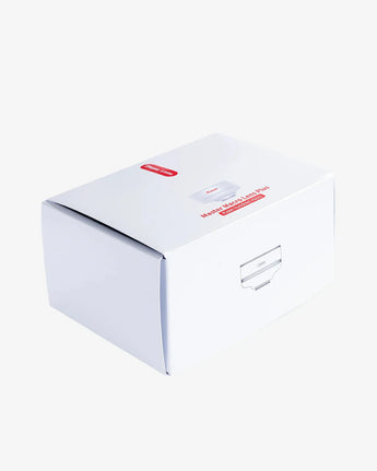 White box with a red label on a white background