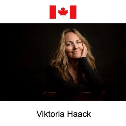 This image shows Viktoria Haack (in a black top) resting her cheek on her hand, set against a dark backdrop. A Canadian flag sits above, and her name is labeled below.